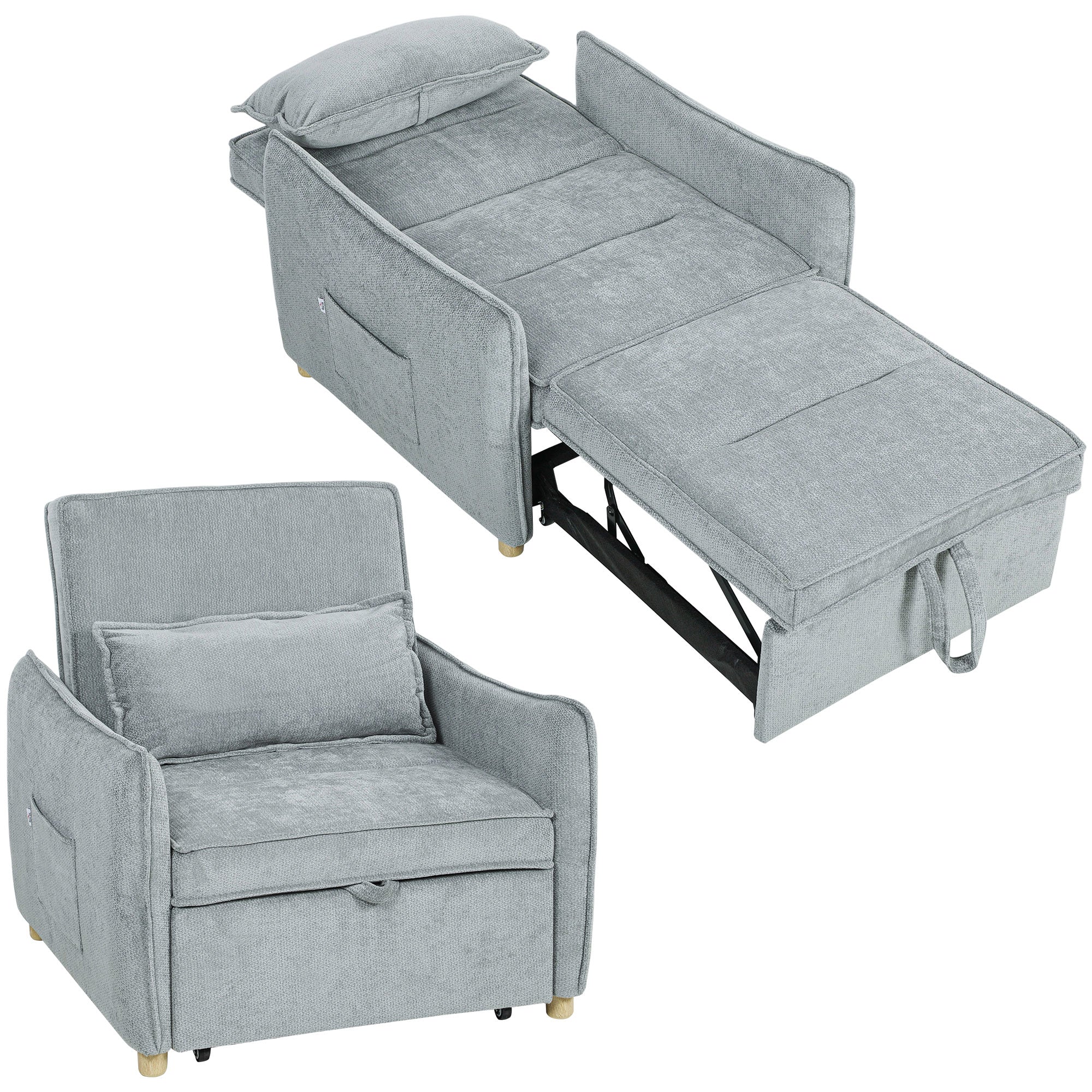 1-Seat 3-in-1 Convertible Armchair — Click-Clack Chenille Sofa Bed, Wide Seat, Adjustable Back, Includes Pillow & Side Pockets, Guest Sofa Bed for Small Spaces, Gray