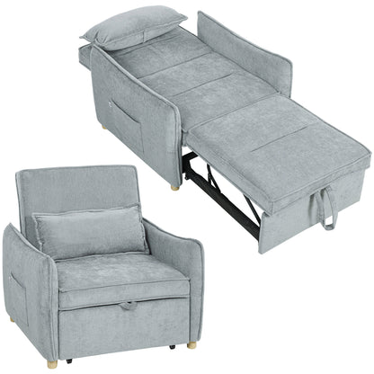 1-Seat 3-in-1 Convertible Armchair — Click-Clack Chenille Sofa Bed, Wide Seat, Adjustable Back, Includes Pillow & Side Pockets, Guest Sofa Bed for Small Spaces, Gray