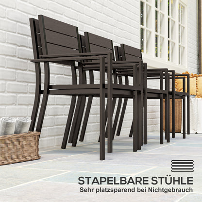 7-piece dining set for 6 persons Dining table with 6 stackable chairs Dining room set with slatted table Kitchen table set Balcony furniture Garden furniture for terrace, balcony Dark Brown