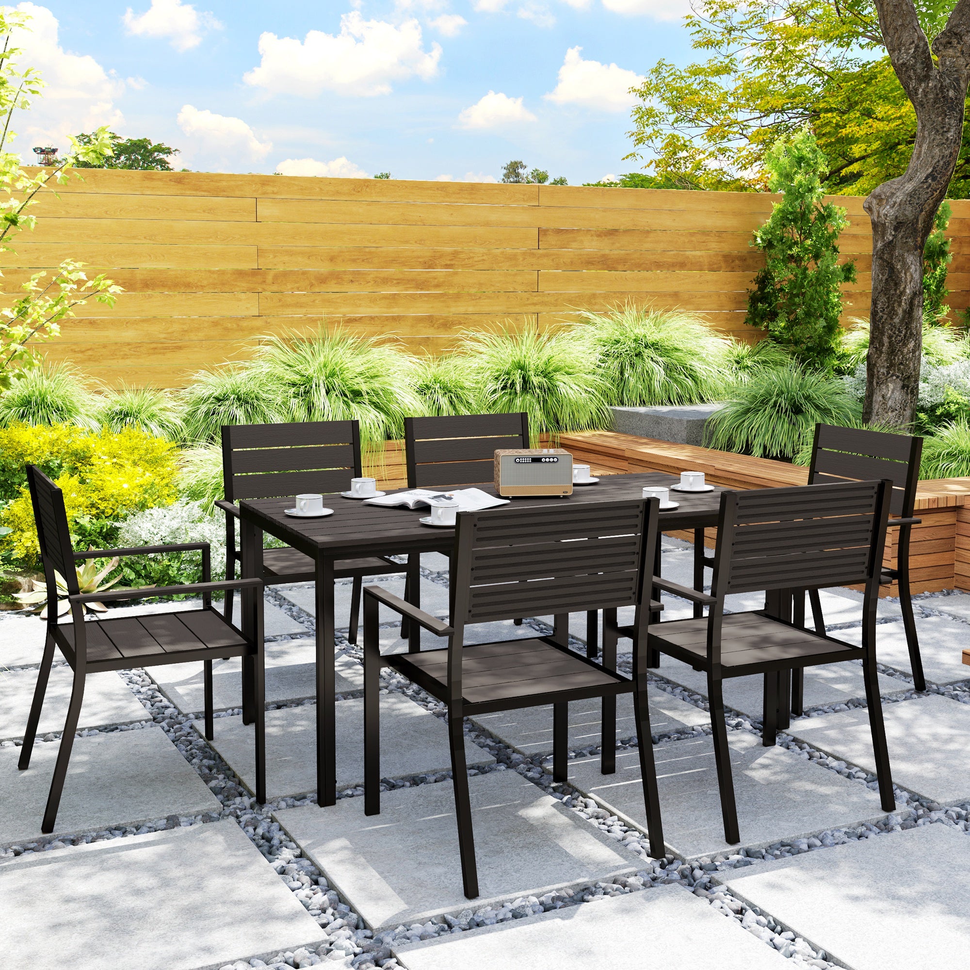 7-piece dining set for 6 persons Dining table with 6 stackable chairs Dining room set with slatted table Kitchen table set Balcony furniture Garden furniture for terrace, balcony Dark Brown