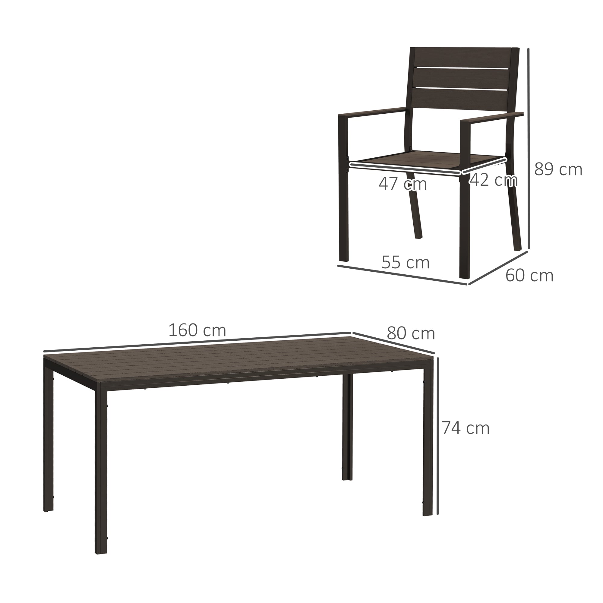 7-piece dining set for 6 persons Dining table with 6 stackable chairs Dining room set with slatted table Kitchen table set Balcony furniture Garden furniture for terrace, balcony Dark Brown