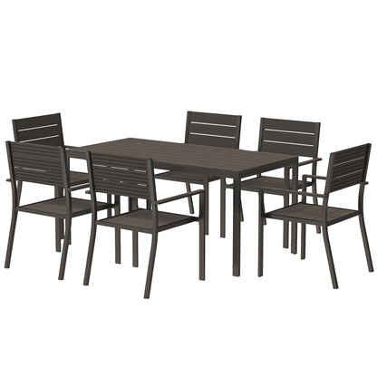 7-piece dining set for 6 persons Dining table with 6 stackable chairs Dining room set with slatted table Kitchen table set Balcony furniture Garden furniture for terrace, balcony Dark Brown