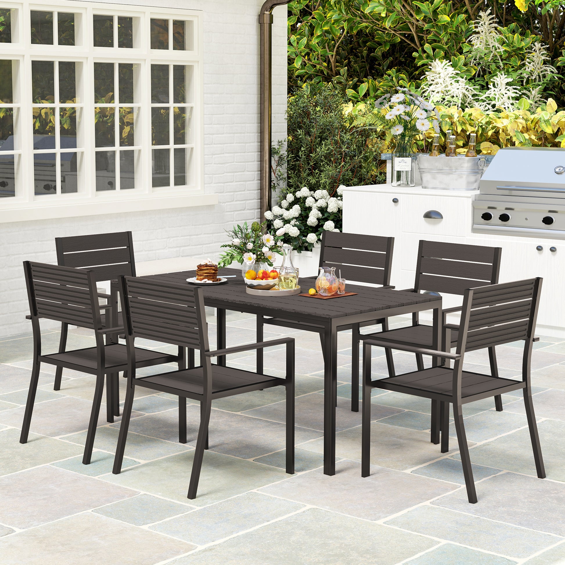 7-piece dining set for 6 persons Dining table with 6 stackable chairs Dining room set with slatted table Kitchen table set Balcony furniture Garden furniture for terrace, balcony Dark Brown