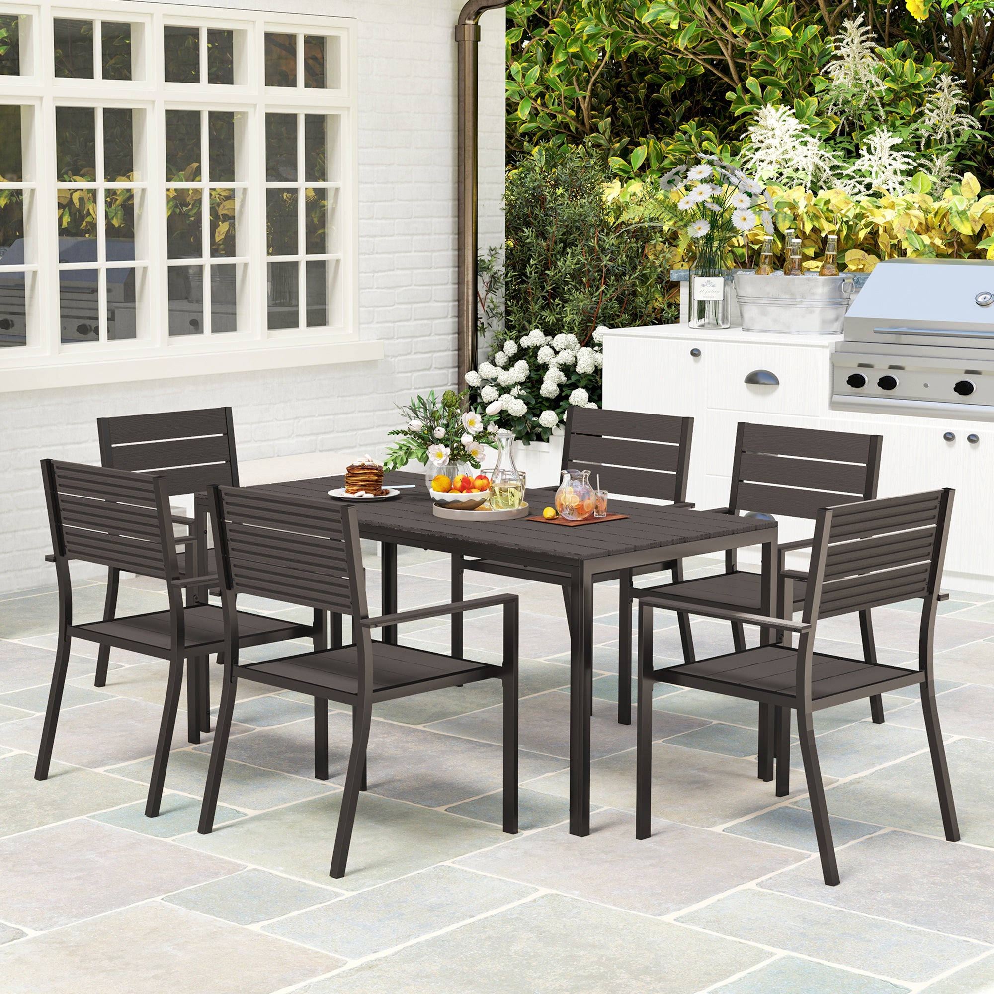 7-piece dining set for 6 persons Dining table with 6 stackable chairs Dining room set with slatted table Kitchen table set Balcony furniture Garden furniture for terrace, balcony Dark Brown