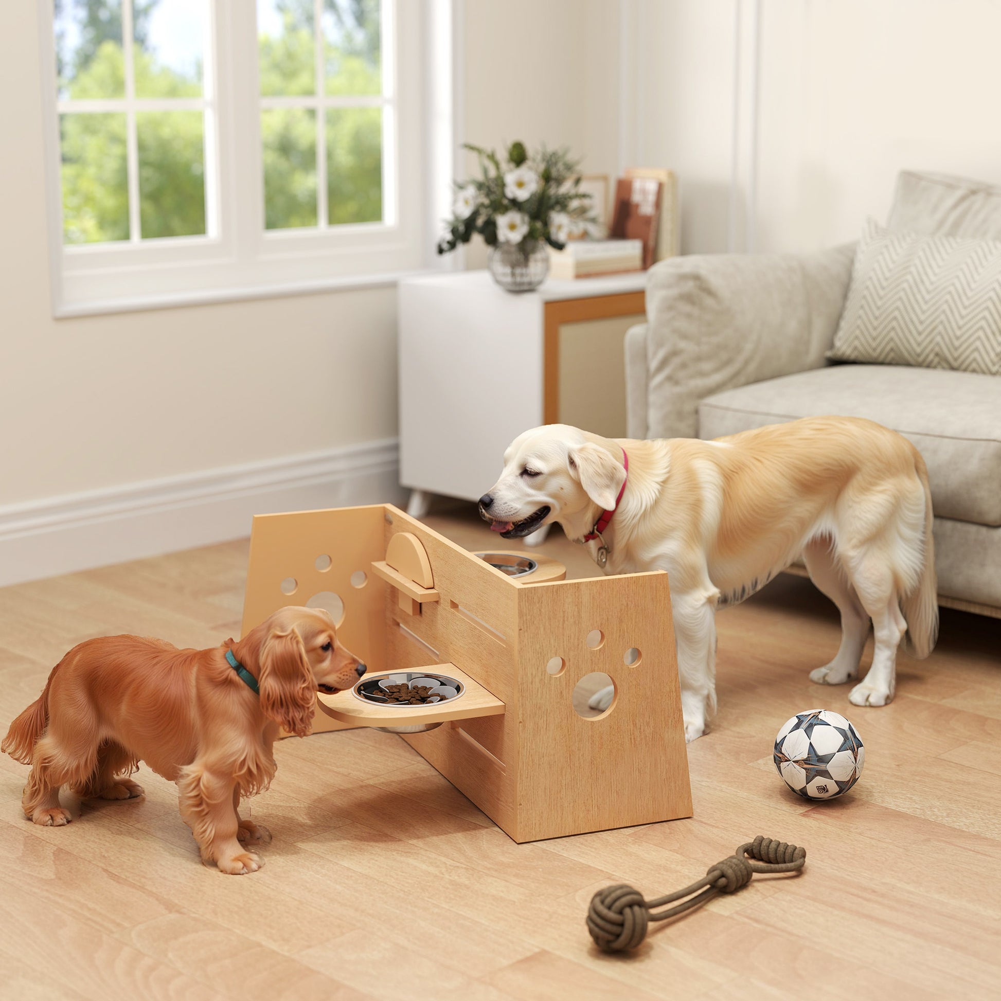 Elevated Dog Bowl with 3 Adjustable Heights, 2 Stainless Steel Bowls, Slow Feeding Mat, Separate Design, for Small, Medium, and Large Dogs, Oak