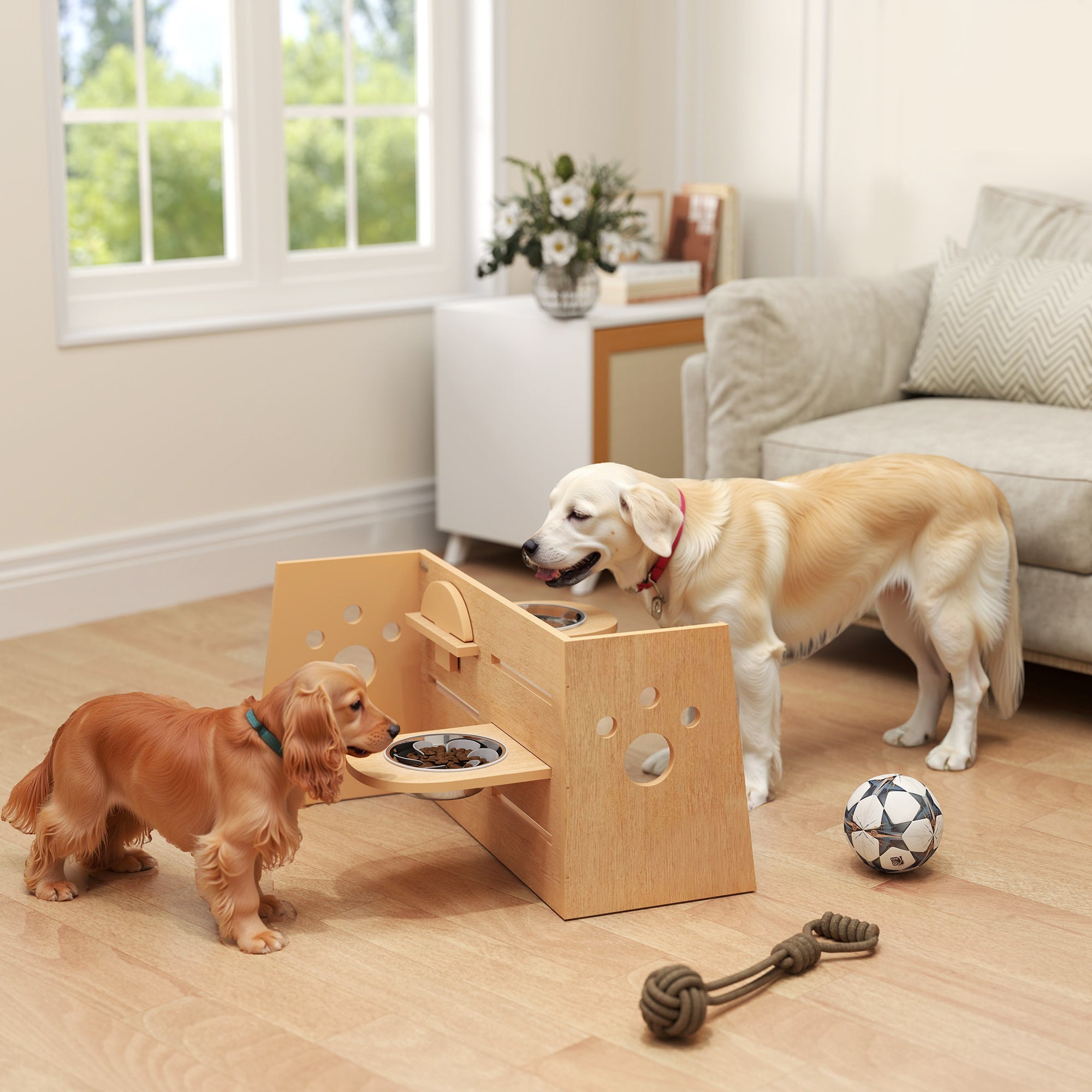 Elevated Dog Bowl with 3 Adjustable Heights, 2 Stainless Steel Bowls, Slow Feeding Mat, Separate Design, for Small, Medium, and Large Dogs, Oak