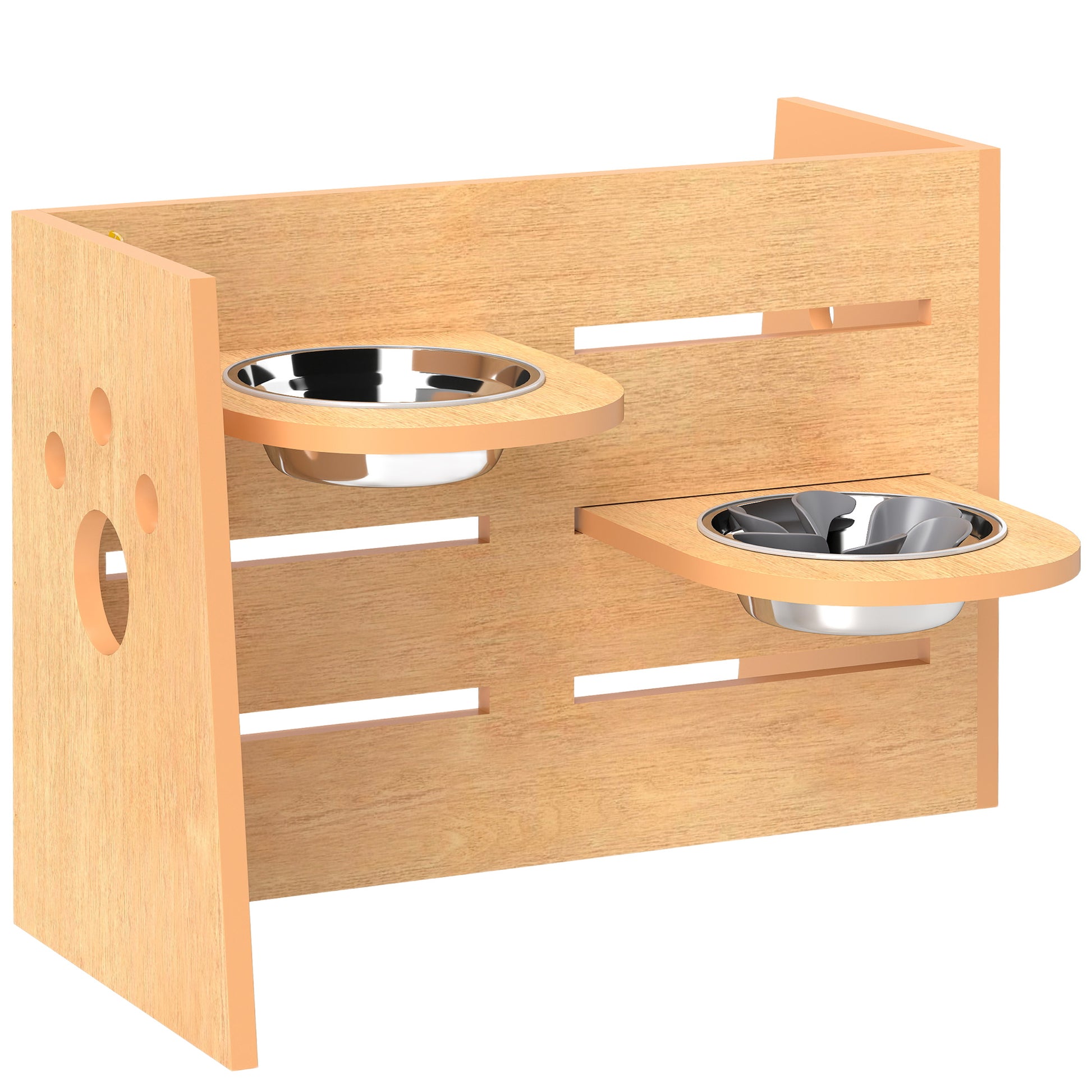 Elevated Dog Bowl with 3 Adjustable Heights, 2 Stainless Steel Bowls, Slow Feeding Mat, Separate Design, for Small, Medium, and Large Dogs, Oak
