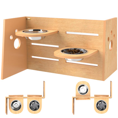 Elevated Dog Bowl with 3 Adjustable Heights, 2 Stainless Steel Bowls, Slow Feeding Mat, Separate Design, for Small, Medium, and Large Dogs, Oak