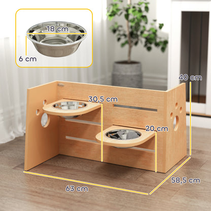 Elevated Dog Bowl with 3 Adjustable Heights, 2 Stainless Steel Bowls, Slow Feeding Mat, Separate Design, for Small, Medium, and Large Dogs, Oak