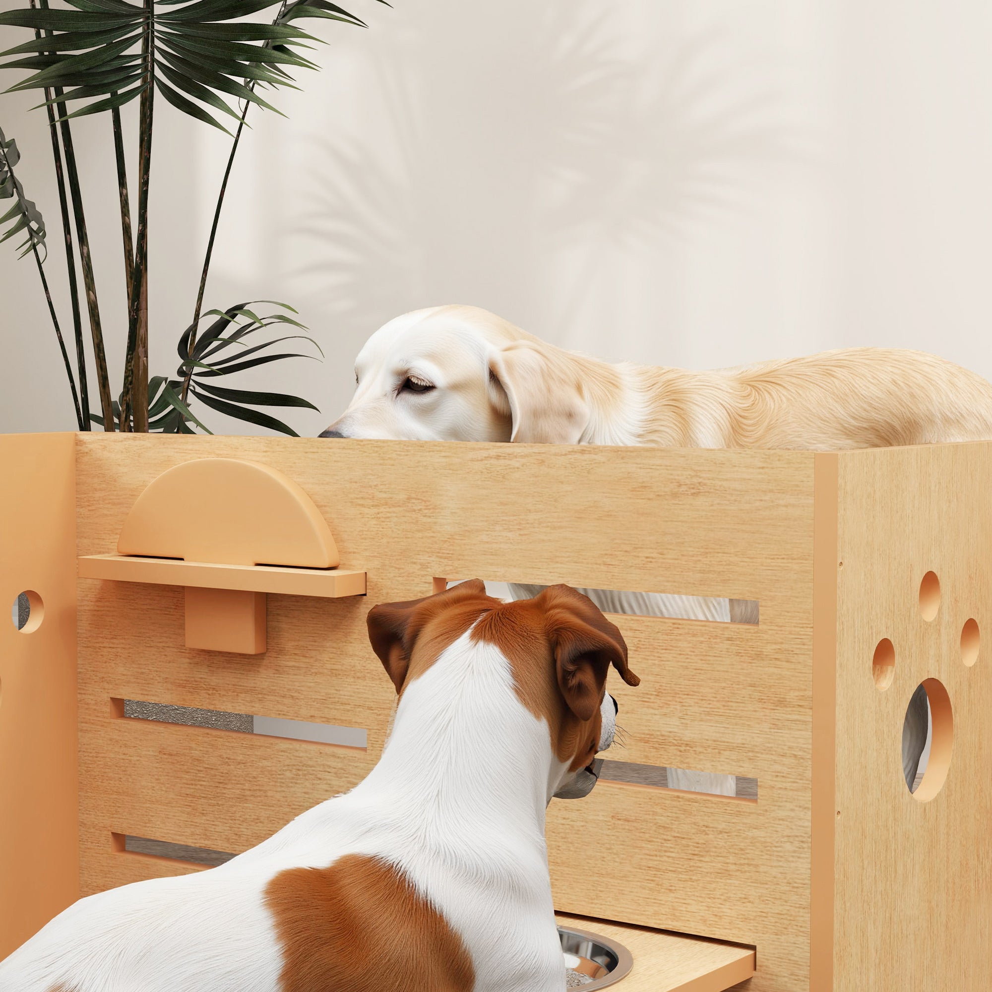 Elevated Dog Bowl with 3 Adjustable Heights, 2 Stainless Steel Bowls, Slow Feeding Mat, Separate Design, for Small, Medium, and Large Dogs, Oak