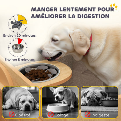 Elevated Dog Bowl with 3 Adjustable Heights, 2 Stainless Steel Bowls, Slow Feeding Mat, Separate Design, for Small, Medium, and Large Dogs, Oak