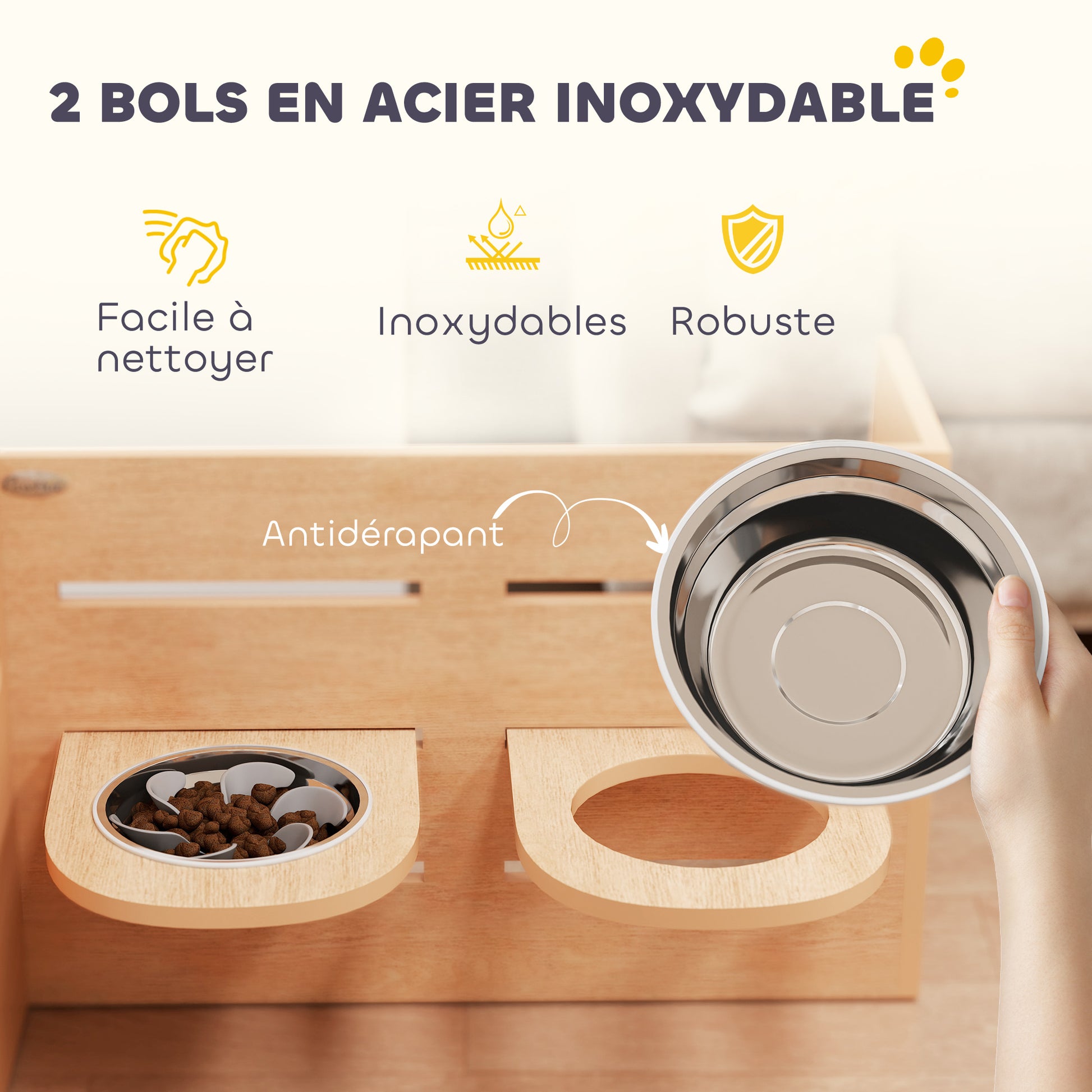 Elevated Dog Bowl with 3 Adjustable Heights, 2 Stainless Steel Bowls, Slow Feeding Mat, Separate Design, for Small, Medium, and Large Dogs, Oak