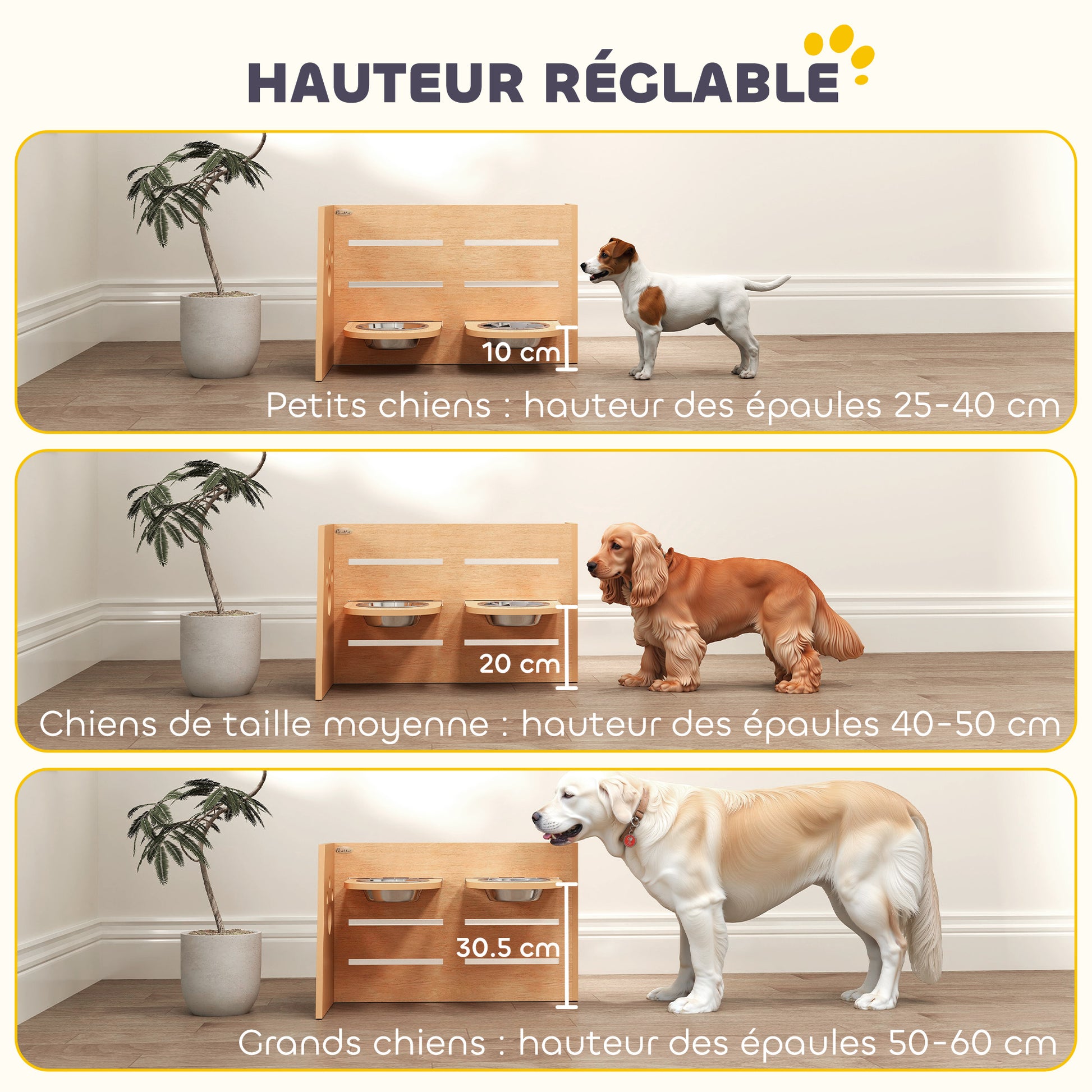 Elevated Dog Bowl with 3 Adjustable Heights, 2 Stainless Steel Bowls, Slow Feeding Mat, Separate Design, for Small, Medium, and Large Dogs, Oak