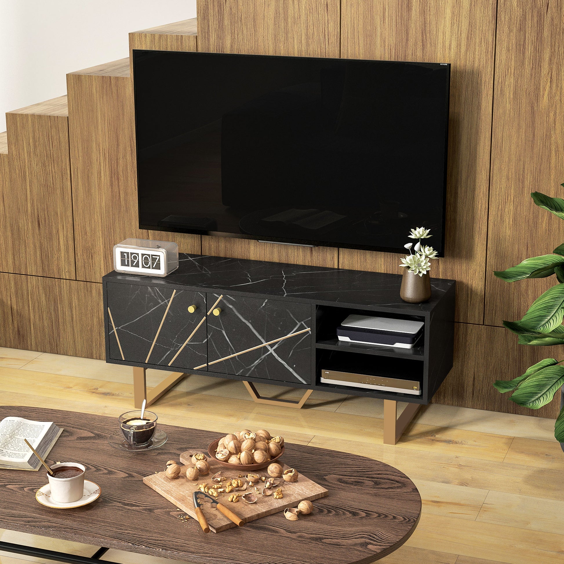 TV Stand TV Console with 2 Doors Adjustable Shelf and Marble Effect TV Stand for Living Room for 50 inch TVs Black and Gold