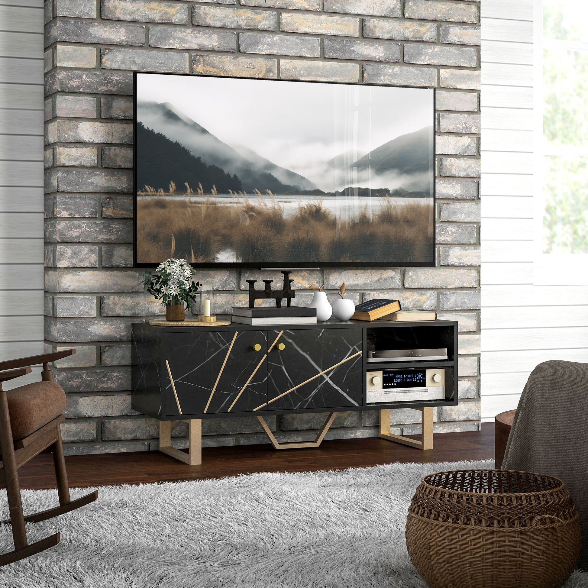 TV Stand TV Console with 2 Doors Adjustable Shelf and Marble Effect TV Stand for Living Room for 50 inch TVs Black and Gold