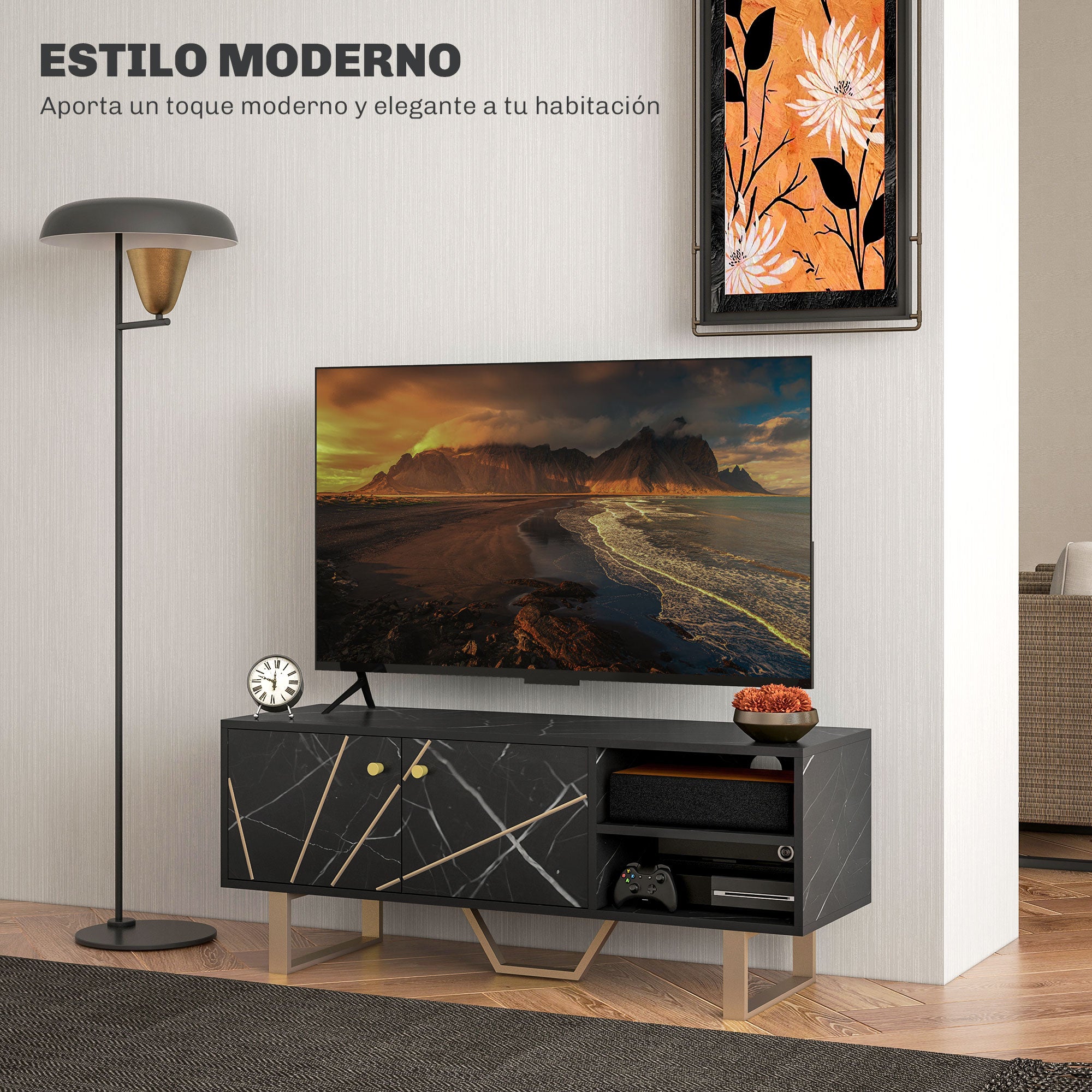 TV Stand TV Console with 2 Doors Adjustable Shelf and Marble Effect TV Stand for Living Room for 50 inch TVs Black and Gold