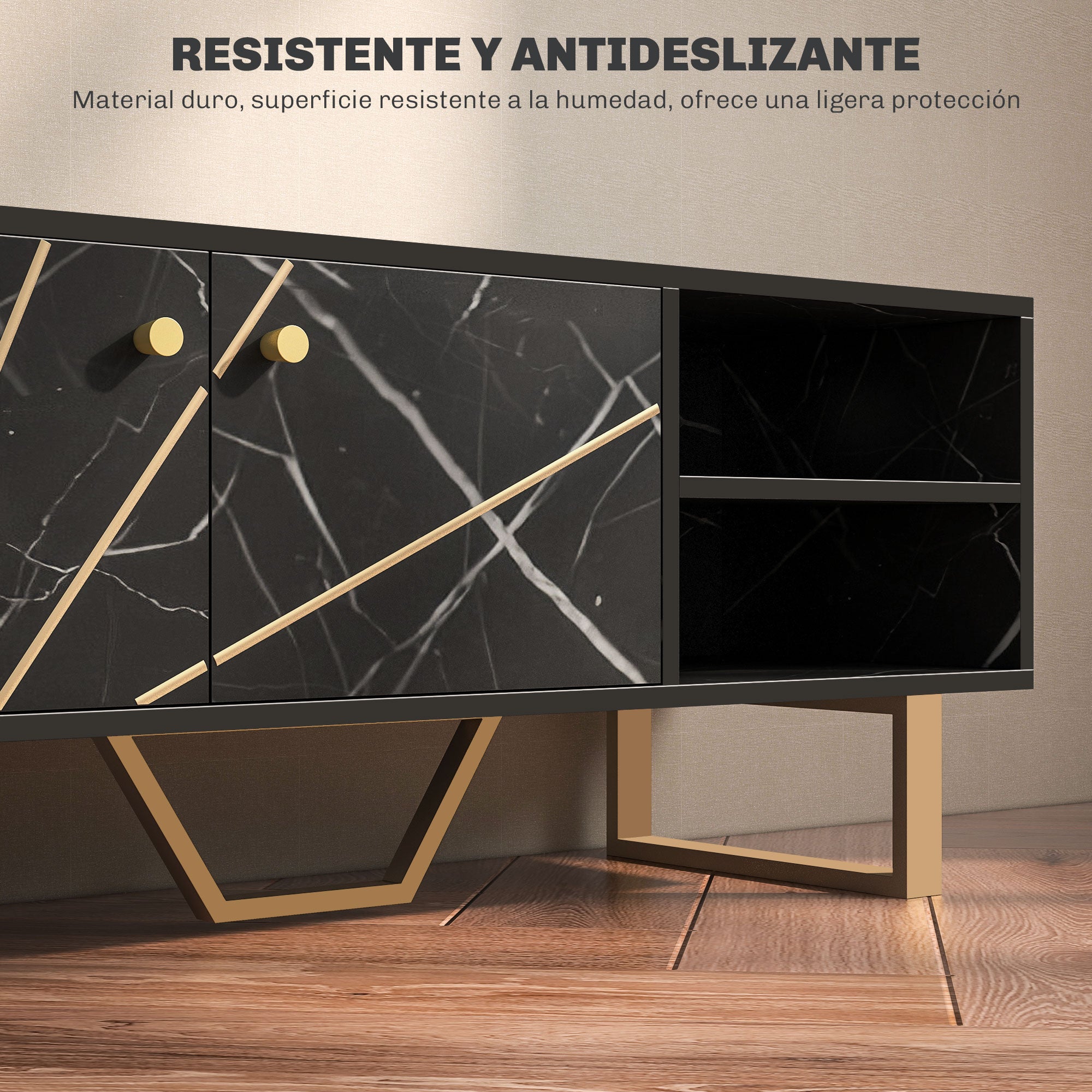 TV Stand TV Console with 2 Doors Adjustable Shelf and Marble Effect TV Stand for Living Room for 50 inch TVs Black and Gold