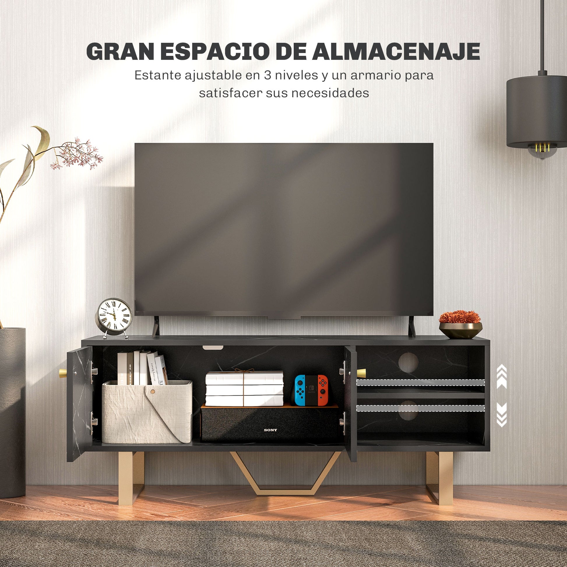 TV Stand TV Console with 2 Doors Adjustable Shelf and Marble Effect TV Stand for Living Room for 50 inch TVs Black and Gold