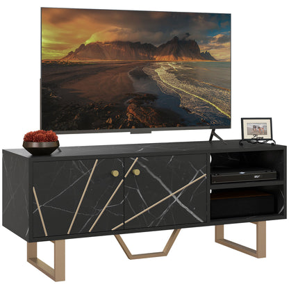 TV Stand TV Console with 2 Doors Adjustable Shelf and Marble Effect TV Stand for Living Room for 50 inch TVs Black and Gold