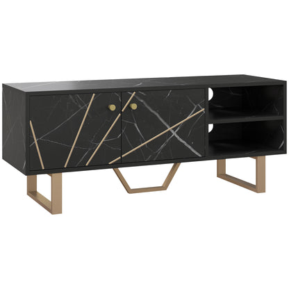 TV Stand TV Console with 2 Doors Adjustable Shelf and Marble Effect TV Stand for Living Room for 50 inch TVs Black and Gold