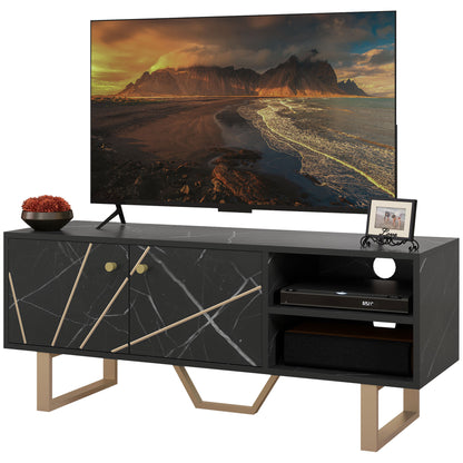 TV Stand TV Console with 2 Doors Adjustable Shelf and Marble Effect TV Stand for Living Room for 50 inch TVs Black and Gold