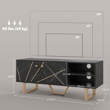 TV Stand TV Console with 2 Doors Adjustable Shelf and Marble Effect TV Stand for Living Room for 50 inch TVs Black and Gold
