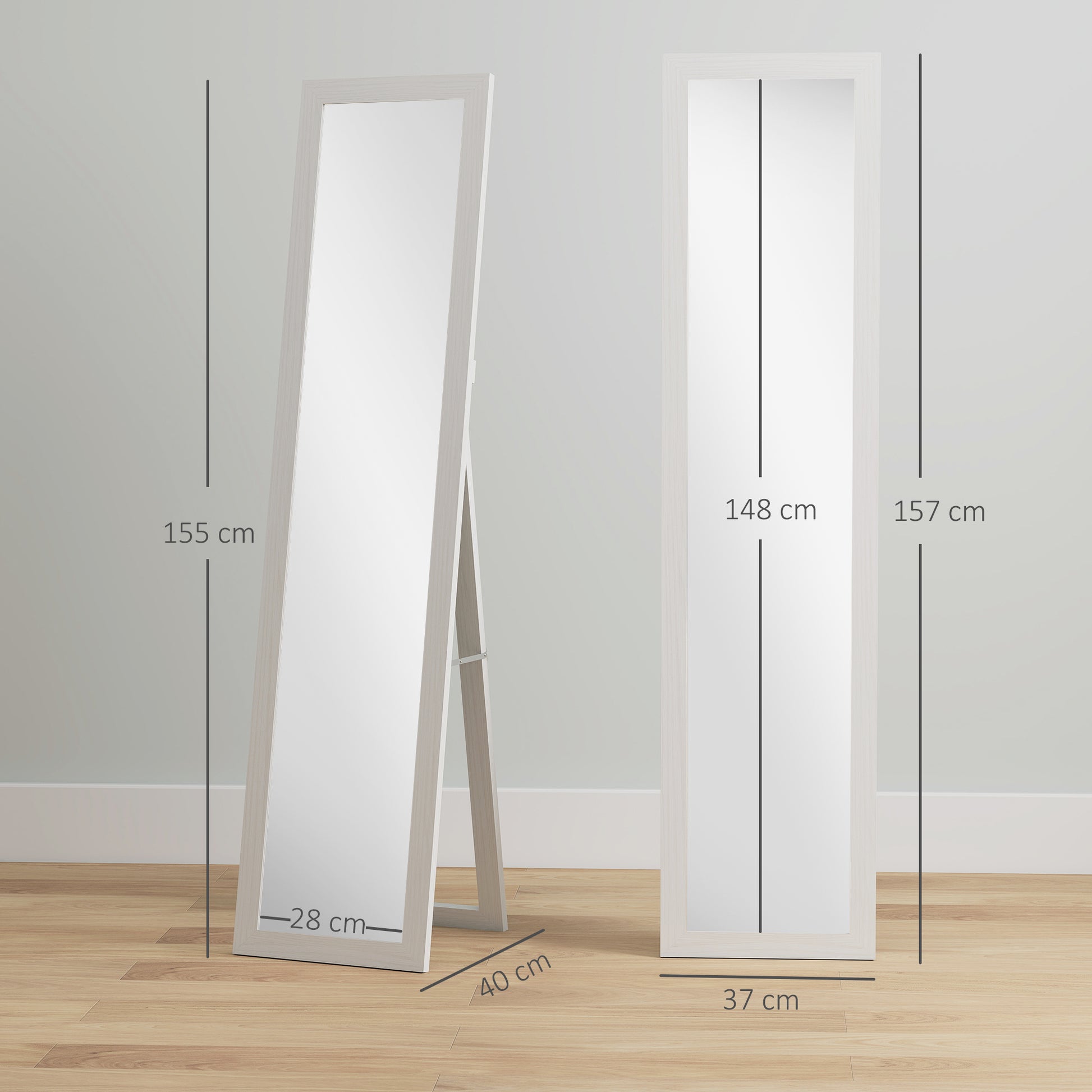 Rectangular mirror on a wall stand or to lay with a wooden frame for living room bedroom 37 x 157 cm white