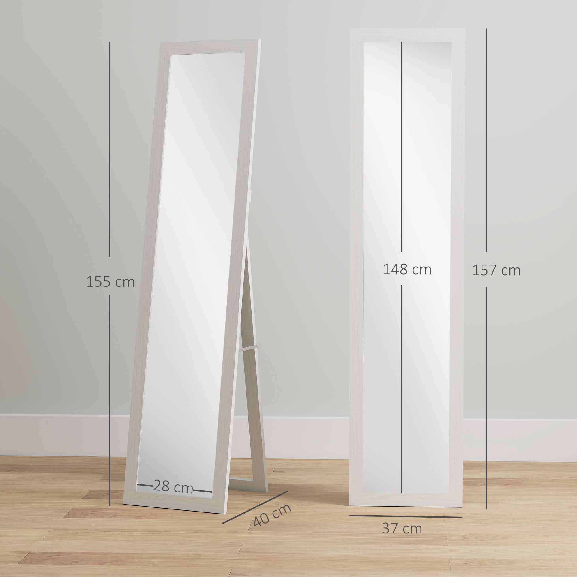 Rectangular mirror on a wall stand or to lay with a wooden frame for living room bedroom 37 x 157 cm white