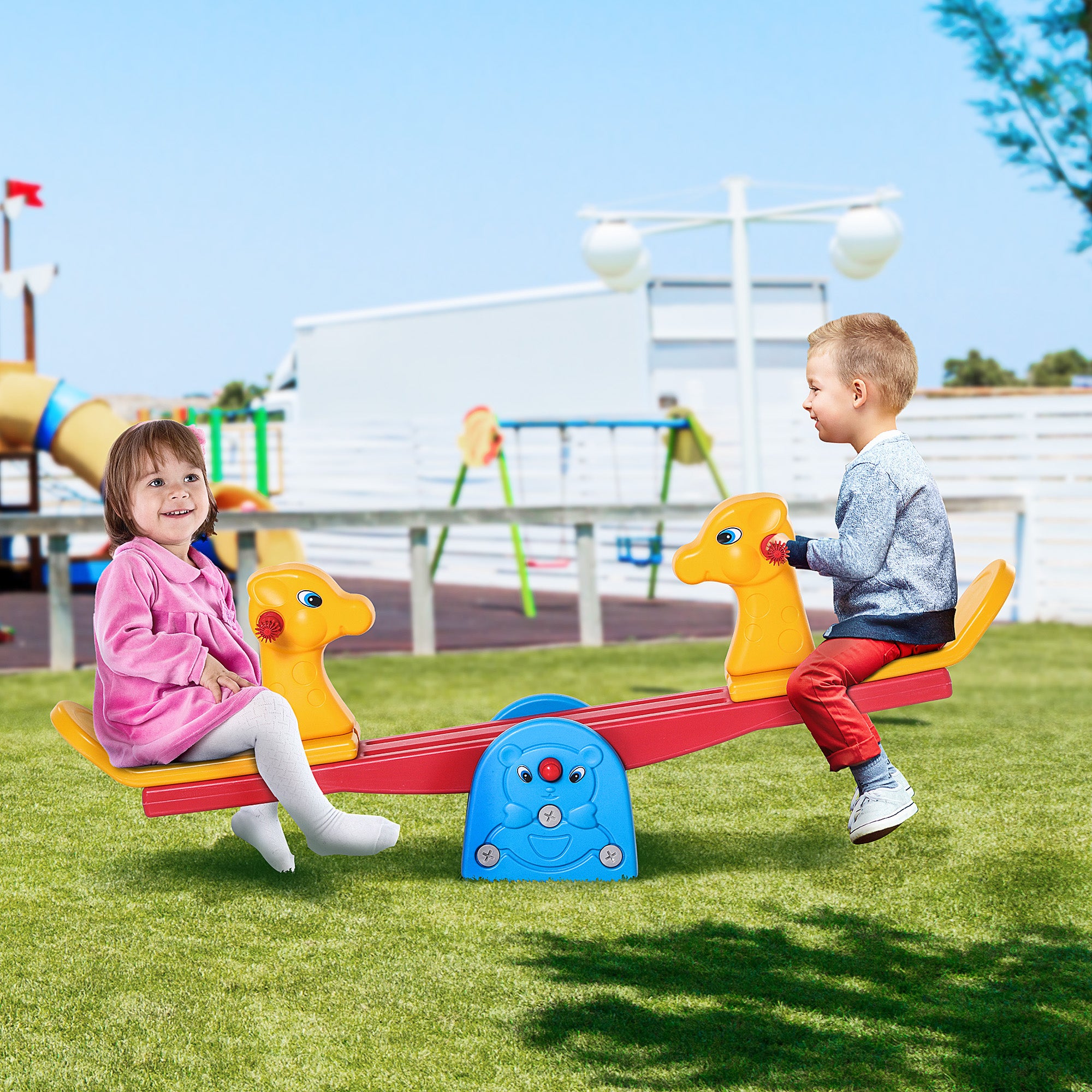 Kids Seesaw Swing Rocking Toy with Textured Giraffe-Shaped Handlebar and Backrest Load 20kg per Seat for Indoor and Outdoor Use 150x32x60 cm Multicolor