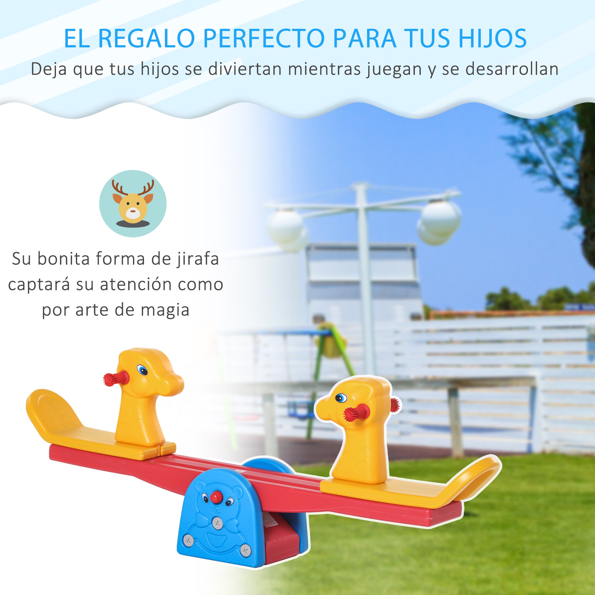 Kids Seesaw Swing Rocking Toy with Textured Giraffe-Shaped Handlebar and Backrest Load 20kg per Seat for Indoor and Outdoor Use 150x32x60 cm Multicolor