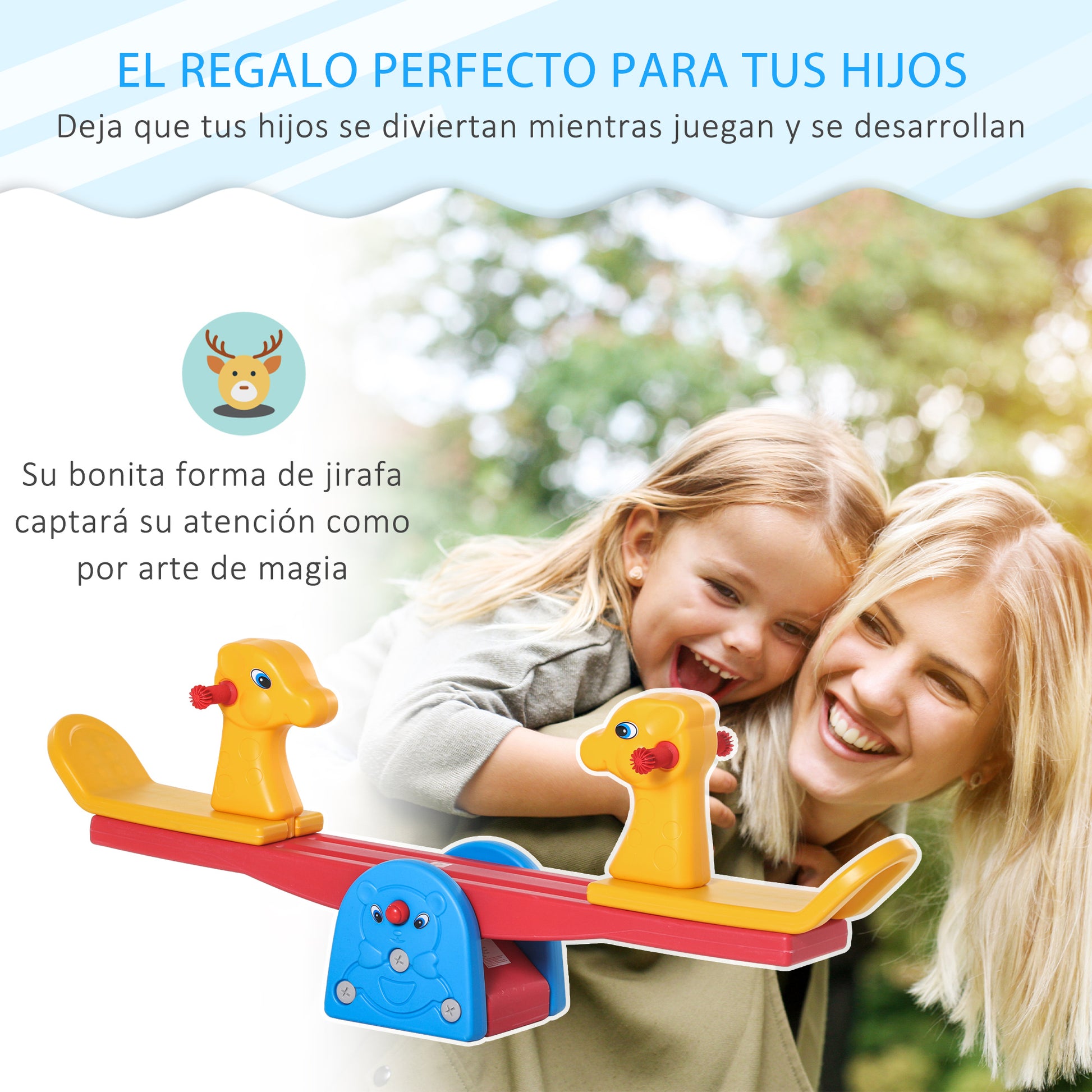 Kids Seesaw Swing Rocking Toy with Textured Giraffe-Shaped Handlebar and Backrest Load 20kg per Seat for Indoor and Outdoor Use 150x32x60 cm Multicolor