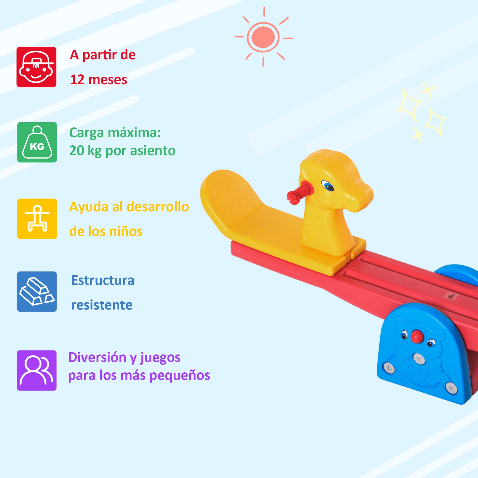 Kids Seesaw Swing Rocking Toy with Textured Giraffe-Shaped Handlebar and Backrest Load 20kg per Seat for Indoor and Outdoor Use 150x32x60 cm Multicolor
