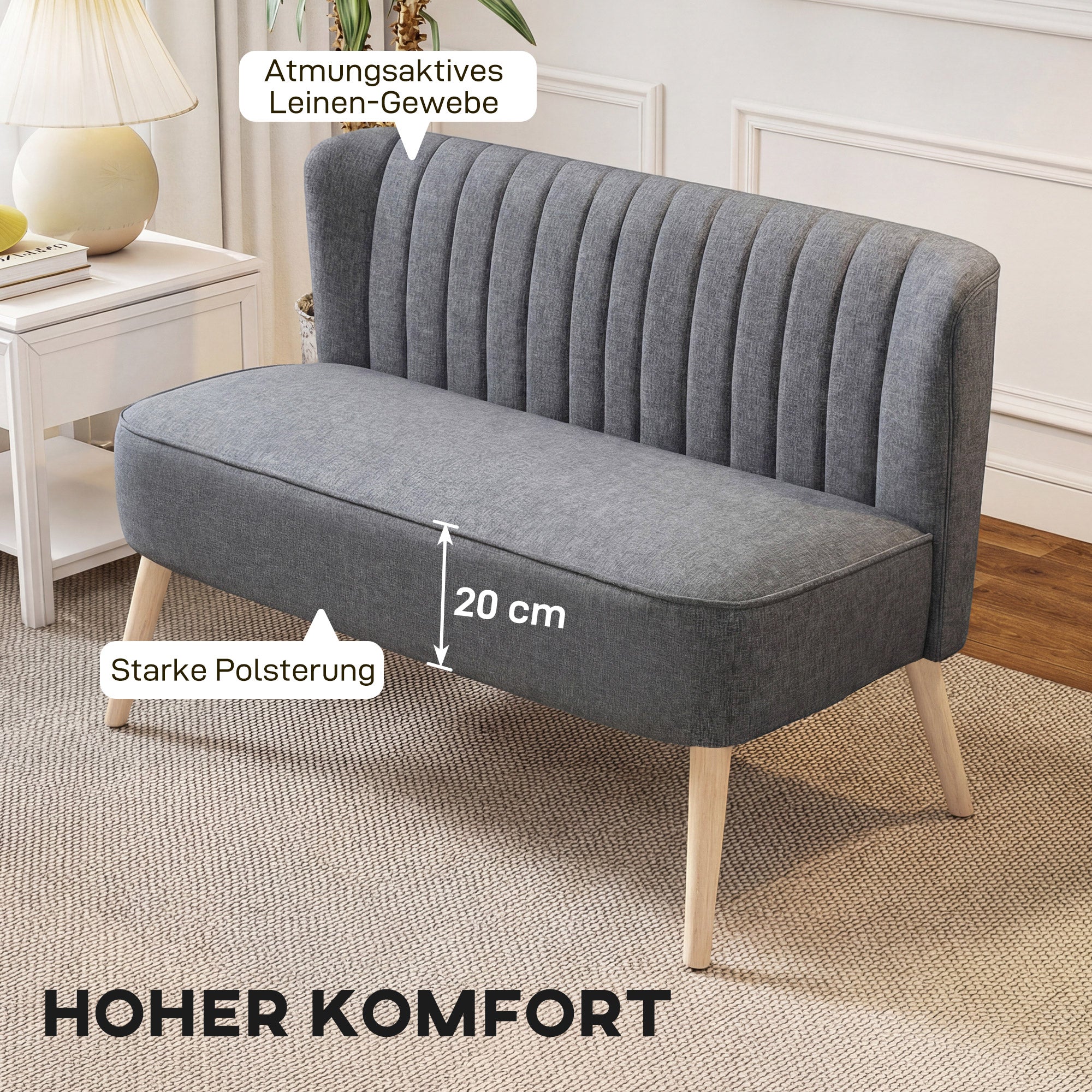 2-Seater Loveseat — Small Linen-Look Upholstered Sofa for Living Room, Bedroom, Small Spaces, Gray (46.1" x 22.2" x 30.3")