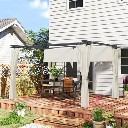 Pergola Garden Outdoor 3 x 4m Extendable Sliding Pavilion with Side Walls, Garden Gazebo, 180g/m² High-Density Polyester, Sun Protection UPF30+, for Patio, Cream