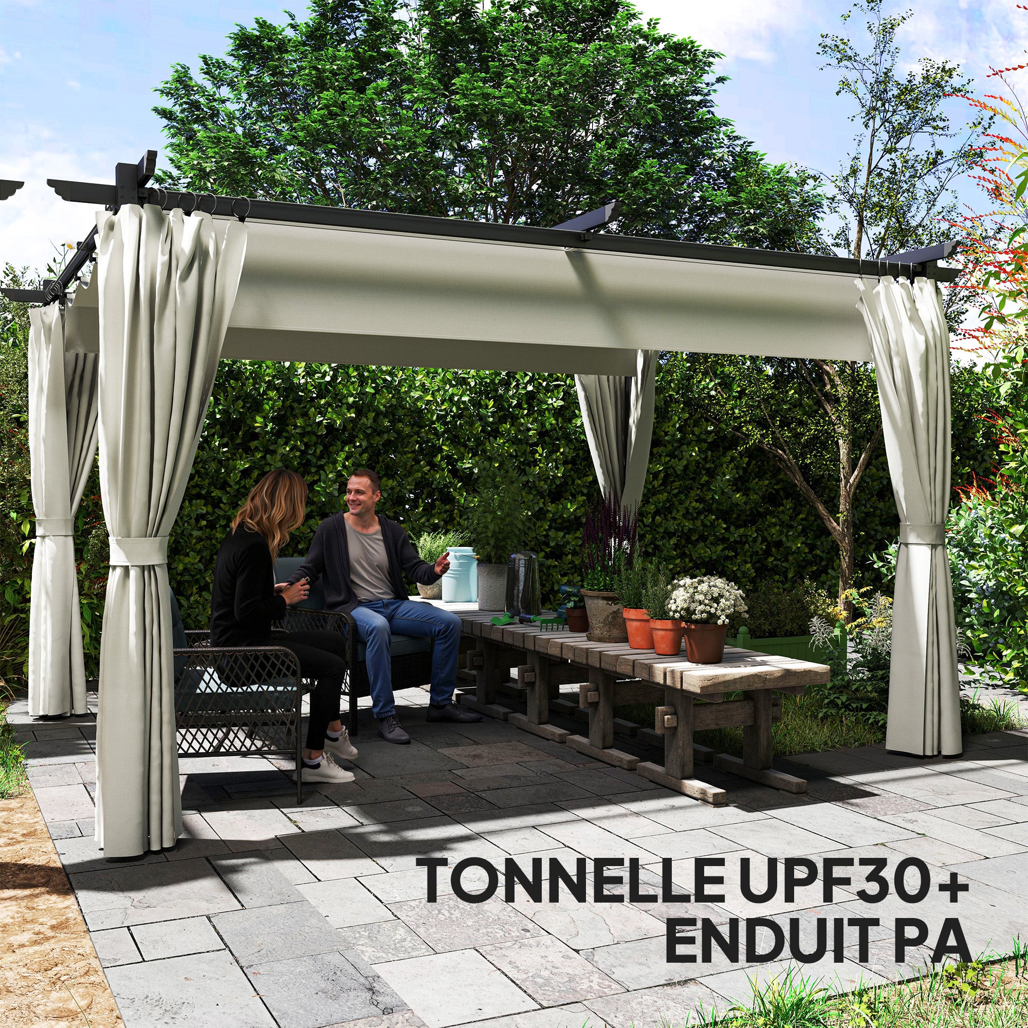 Pergola Garden Outdoor 3 x 4m Extendable Sliding Pavilion with Side Walls, Garden Gazebo, 180g/m² High-Density Polyester, Sun Protection UPF30+, for Patio, Cream