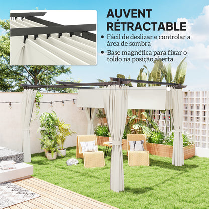 Pergola Garden Outdoor 3 x 4m Extendable Sliding Pavilion with Side Walls, Garden Gazebo, 180g/m² High-Density Polyester, Sun Protection UPF30+, for Patio, Cream
