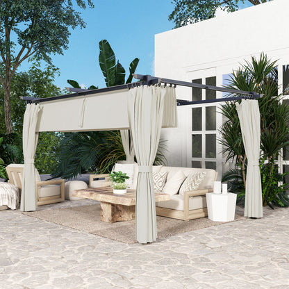 Pergola Garden Outdoor 3 x 4m Extendable Sliding Pavilion with Side Walls, Garden Gazebo, 180g/m² High-Density Polyester, Sun Protection UPF30+, for Patio, Cream
