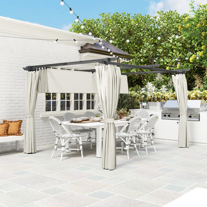 Pergola Garden Outdoor 3 x 4m Extendable Sliding Pavilion with Side Walls, Garden Gazebo, 180g/m² High-Density Polyester, Sun Protection UPF30+, for Patio, Cream