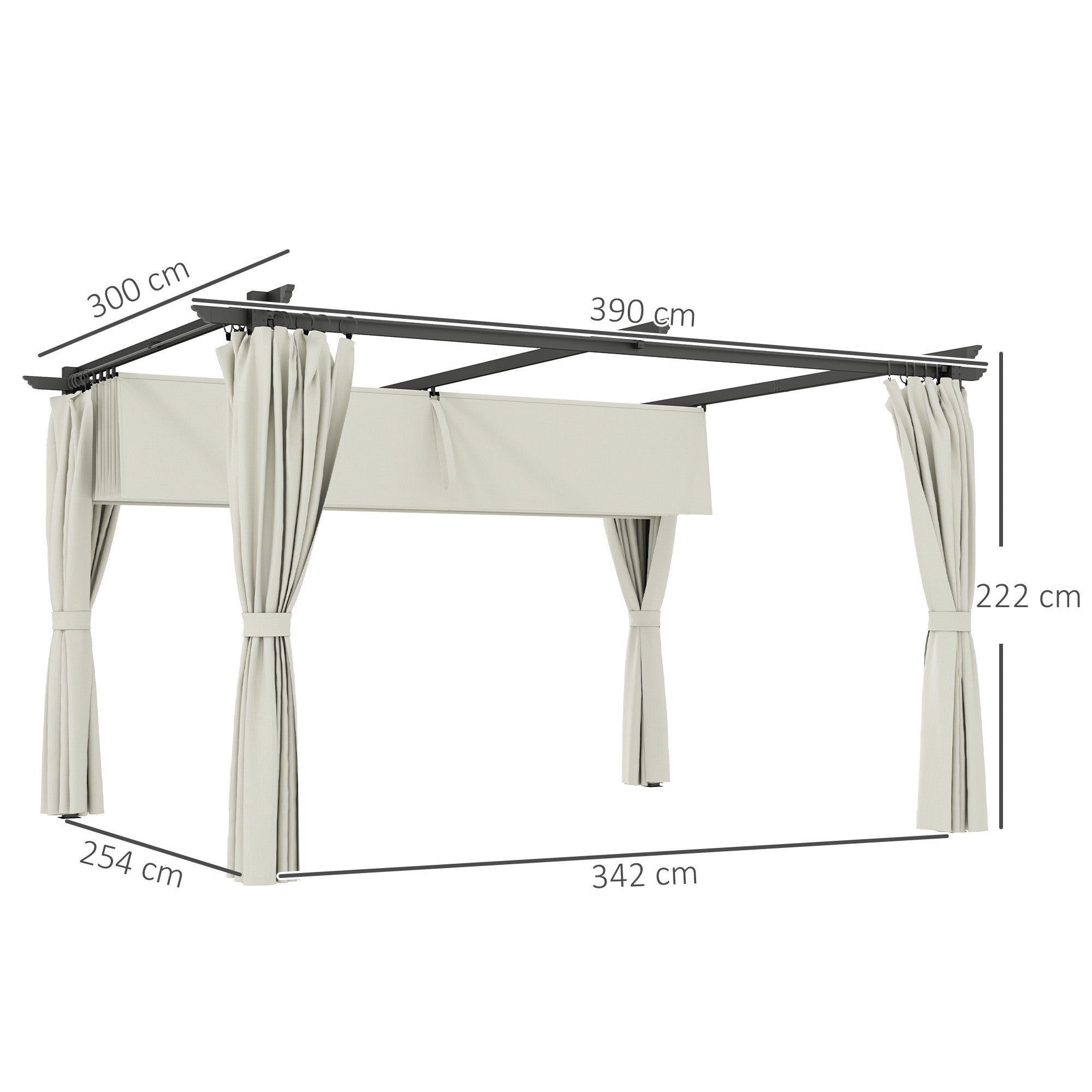 Pergola Garden Outdoor 3 x 4m Extendable Sliding Pavilion with Side Walls, Garden Gazebo, 180g/m² High-Density Polyester, Sun Protection UPF30+, for Patio, Cream
