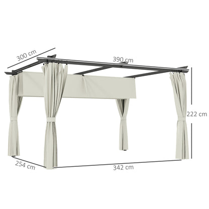 Pergola Garden Outdoor 3 x 4m Extendable Sliding Pavilion with Side Walls, Garden Gazebo, 180g/m² High-Density Polyester, Sun Protection UPF30+, for Patio, Cream