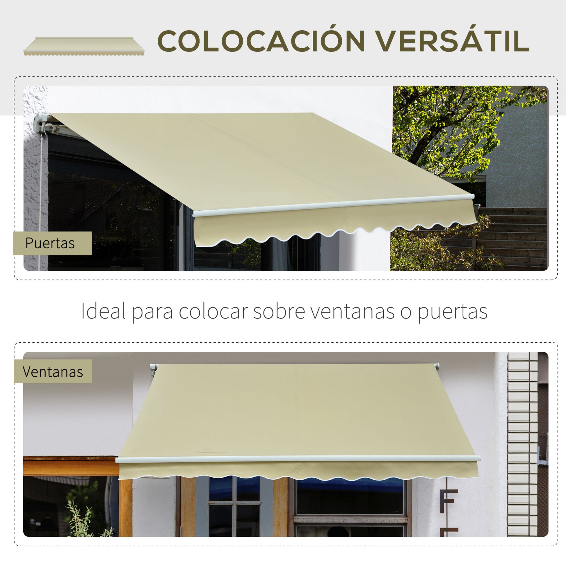 Manual Retractable Awning 295x250 cm Balcony Awning with Metal Crank, Waterproof and Anti-UV Exterior Roll-Up Awning for Garden Terrace Windows Cream