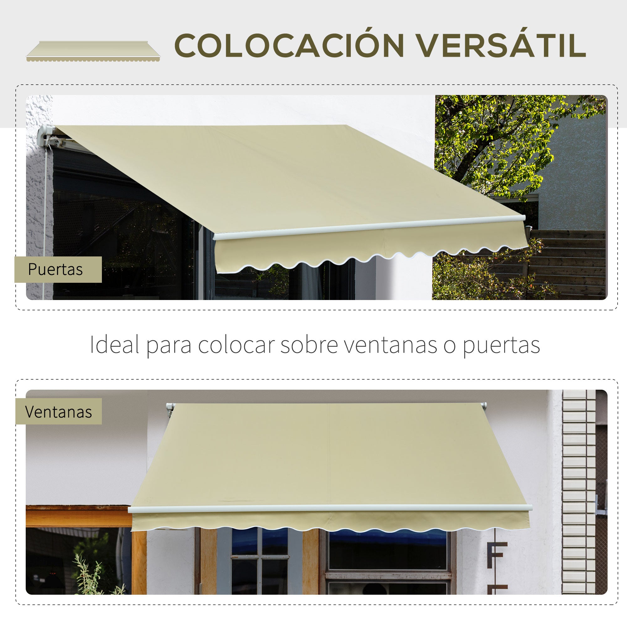 Manual Retractable Awning 295x250 cm Balcony Awning with Metal Crank, Waterproof and Anti-UV Exterior Roll-Up Awning for Garden Terrace Windows Cream