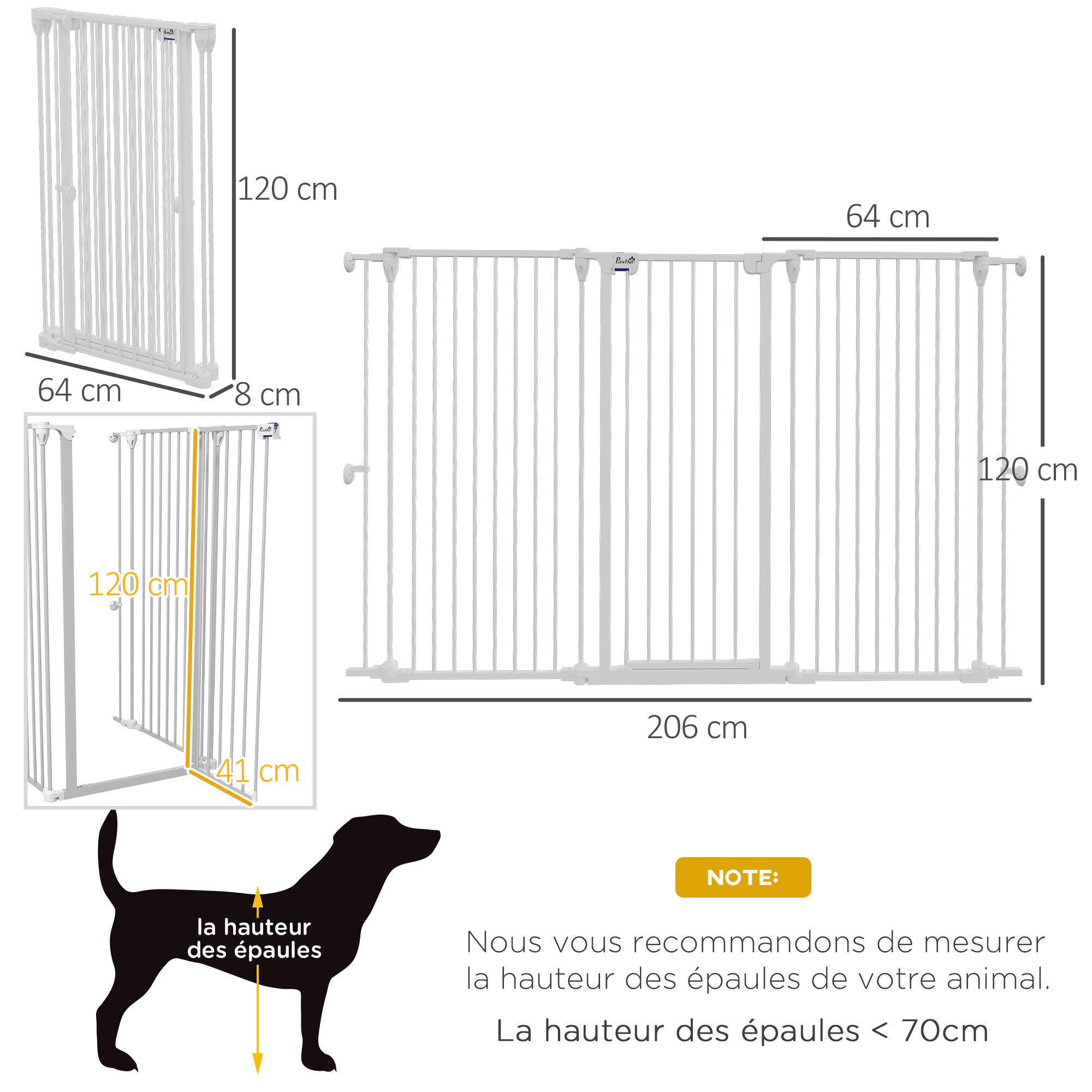 Steel 3-Panel Folding Dog Safety Gate with Double Lock and Integrated Door for Doorways and Stairs - 206 x 120 cm White