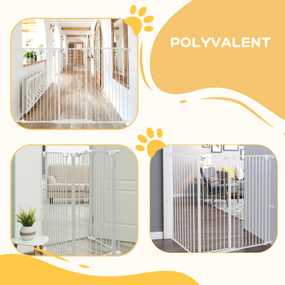 Steel 3-Panel Folding Dog Safety Gate with Double Lock and Integrated Door for Doorways and Stairs - 206 x 120 cm White