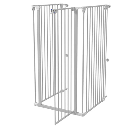 Steel 3-Panel Folding Dog Safety Gate with Double Lock and Integrated Door for Doorways and Stairs - 206 x 120 cm White
