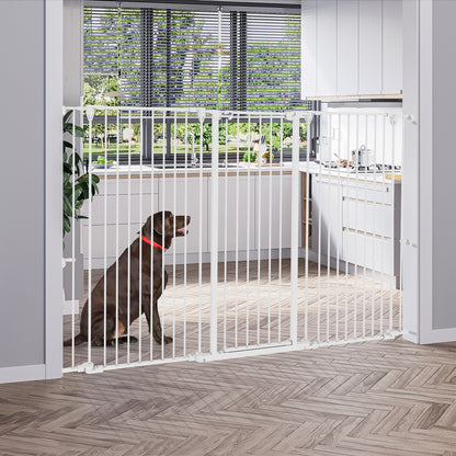 Steel 3-Panel Folding Dog Safety Gate with Double Lock and Integrated Door for Doorways and Stairs - 206 x 120 cm White