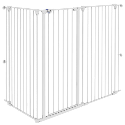 Steel 3-Panel Folding Dog Safety Gate with Double Lock and Integrated Door for Doorways and Stairs - 206 x 120 cm White