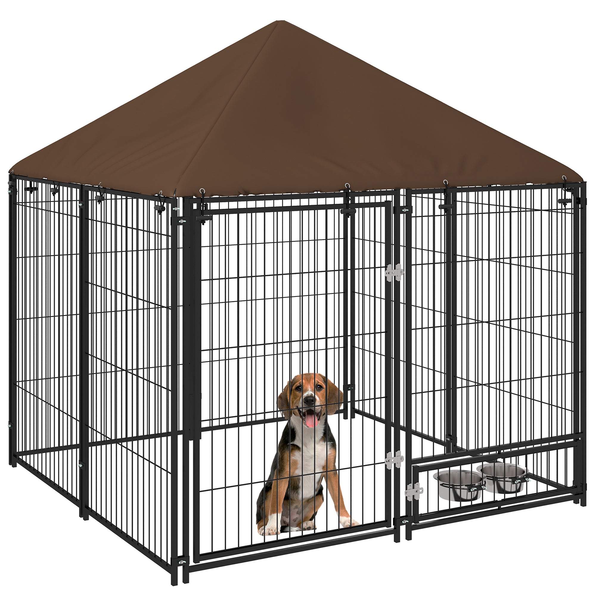 Metal Outdoor Dog Playpen with Canopy, Swivel Feeder, 2 Bowls for Patio Yard Garden Terrace 141x141x151 cm Brown