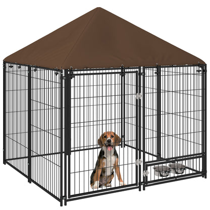 Metal Outdoor Dog Playpen with Canopy, Swivel Feeder, 2 Bowls for Patio Yard Garden Terrace 141x141x151 cm Brown