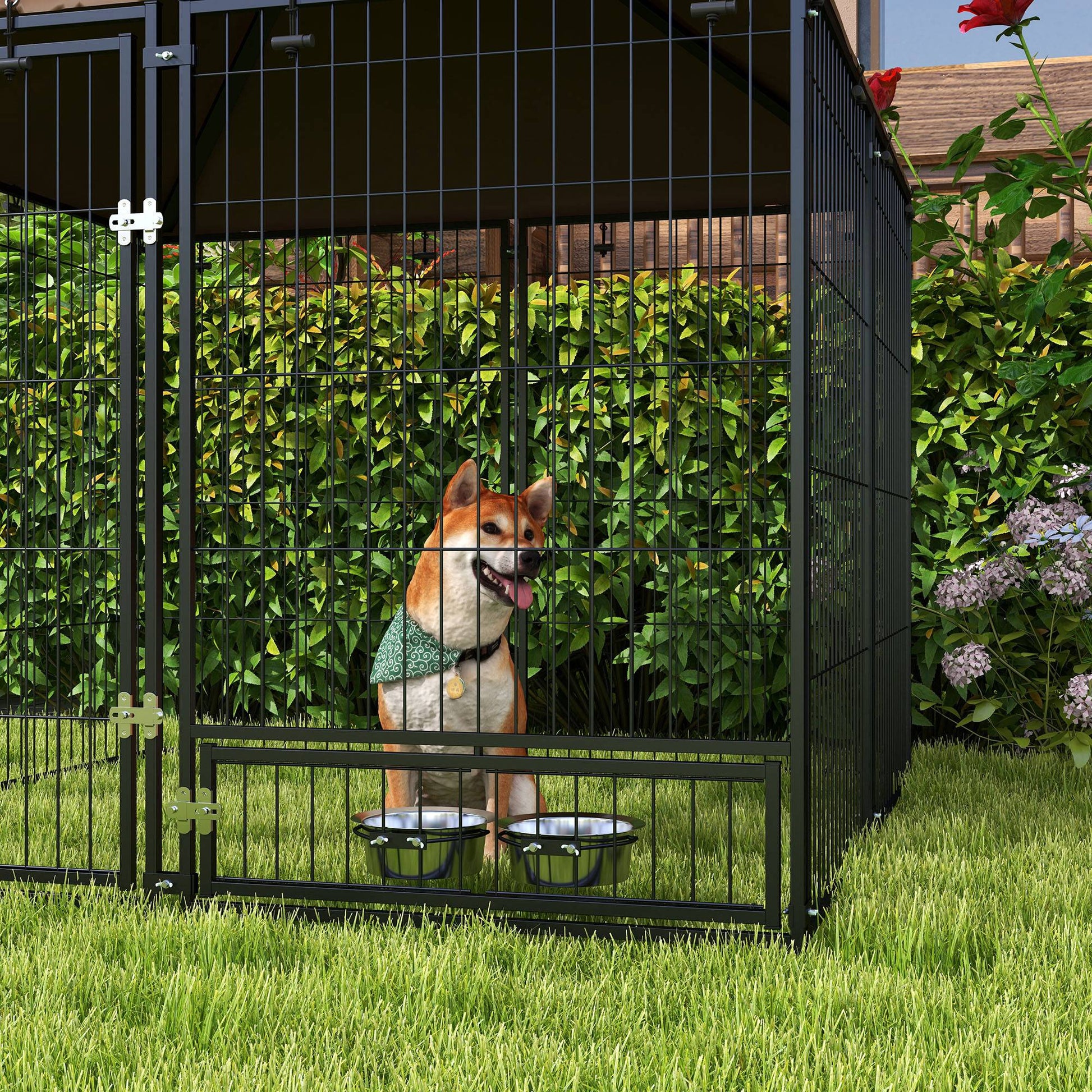 Metal Outdoor Dog Playpen with Canopy, Swivel Feeder, 2 Bowls for Patio Yard Garden Terrace 141x141x151 cm Brown